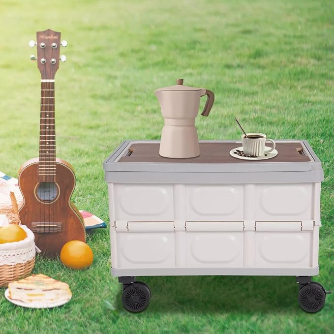 for Foldable Cart Gray Large Capacity 55L Container Outdoor Storage Box W/ 4