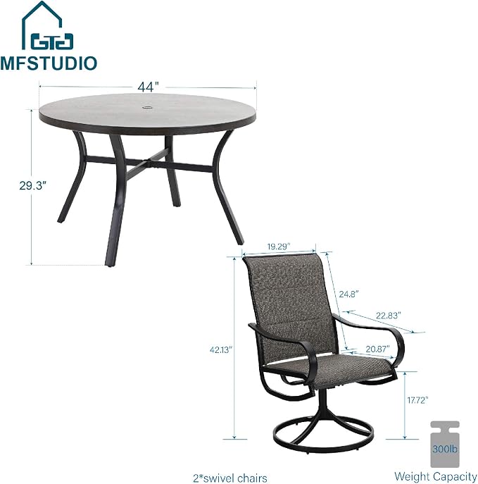 MFSTUDIO Round Patio Table and Chairs Set of 4, Outdoor Dining Set for Deck/Backyard/Poolside/Garden, 5 Piece Patio Furniture Set with Umbrella Hole