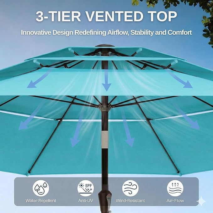 10ft Patio Umbrella, 3 Tier Outdoor Market Table Umbrellas with 8 Fiberglass Ribs and Push Button Tilt, Windproof, Vented Canopy, UV Protection for Deck, Pool, Backyard