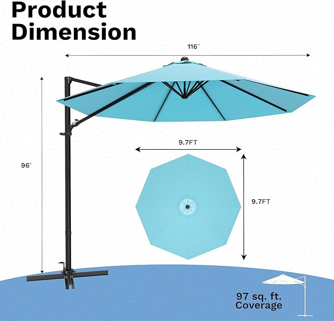 Devoko 10ft Cantilever Patio Umbrella, Round Large Outdoor Umbrella with 360-Degree Rotation, Hanging Offset Market Sun Umbrella, Easy Tilt and Heavy-Duty Frame, for Patio Backyard Garden, Turquoise