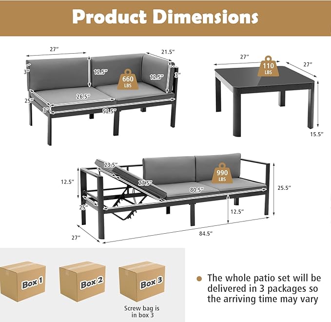 Tangkula 3 Piece Aluminum Patio Furniture Set, Patiojoy Outdoor Sectional Sofa Set with 6-Level Reclining Backrest, Tempered Glass Tabletop, Seat & Back Cushions for Backyard, Poolside (Grey)