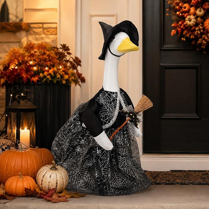 Halloween Porch Goose Outfits for 23'' Lawn Geese Statue, Witch Porch Goose Clothes with Black Spiderweb Dress Witch Hat Broom, Outdoor Garden Goose Costume Accessories for Halloween Patio Yard Decor