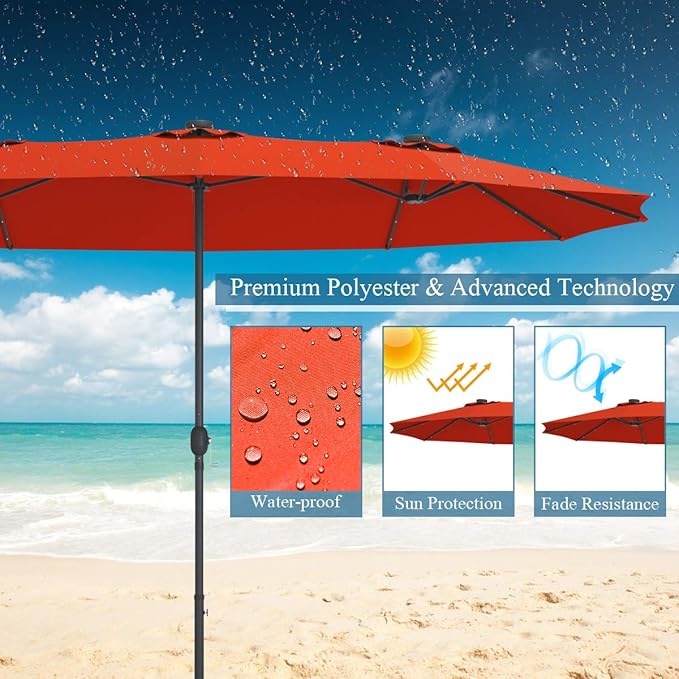 Tangkula 15 Ft Double Sided Patio Umbrella with Solar Lights, Extra Large Rectangle Outdoor Umbrella with 36 LED Lights & Crank Handle for Deck, Poolside, Garden, Backyard (Orange)