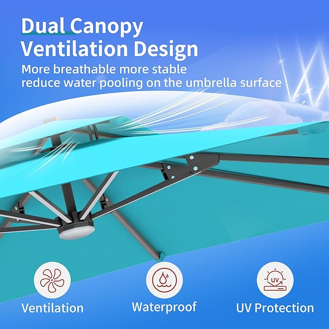 10 X 13 FT Cantilever Patio Umbrella with Base Included & Led Lights Outdoor Rectangle Offset Large Double Top Heavy Duty Umbrellas 360°Rotation for Pool Deck Backyard, Turquoise Green