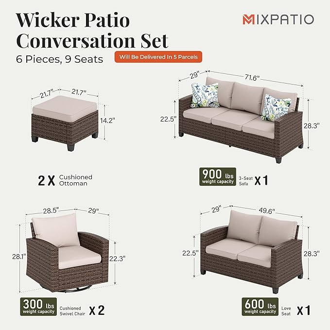 OutdoorPatio Furniture Set, 6 Pcs Wicker Patio Conversation Set, 2 x Swivel Chairs, 1 x 3 Seater Sofa, 1 x 2-Seat Lover Sofa and 2 x Ottomans with 4" Thick Cushion, Beige