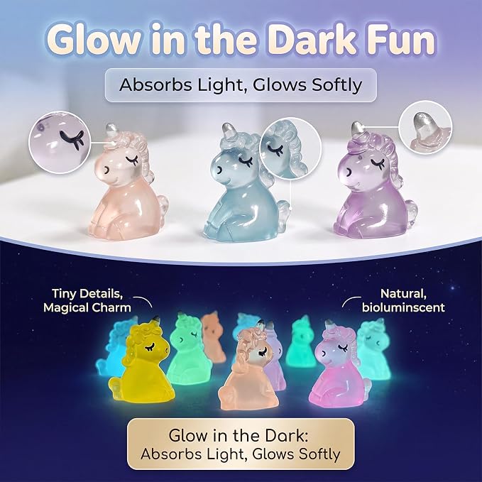 Mini Resin Unicorn Figures to Hide, 72 PCS Tiny Plastic Unicorns Small Little Resin Animal Figurines Miniature Festival Rave Trinkets Bulk Glow in the Dark for Micro Fairy Garden Aquarium Decor