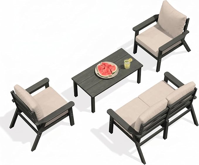 PLUUV 5-Piece HDPE Patio Furniture Set, Outdoor Sectional Conversation Set with Thick Washable Cushions & Coffee Table, All-Weather Modular Couch, Gray Frame with Khaki Cushion