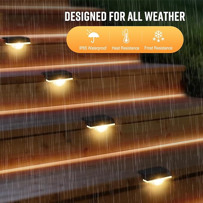 AGOTD Solar Stair Lights Outdoor Waterproof, 8 Pack Solar Step Lights for Outside Warm White Deck Lighting for Step, Stair, Porch, Railing, Patio, Yard, Front Door, Sidewalk, Poolside, Balcony
