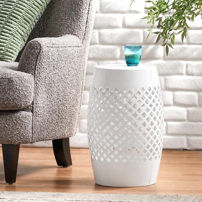 12" Outdoor Side Table, Decorative Cutout Metal Round Side Table, Multi Functional - Coffee Table, Night Stand, Plant Stand for Patio, Garden, Backyard, Gazebo Indoor (White)
