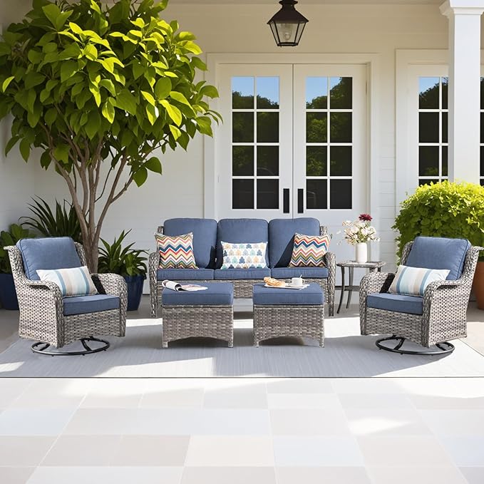ovios 6-Pieces Patio Furniture Set with Swivel Chairs, Outdoor Wicker Sofa Couch Gliders Rocker Comfy Cushions, High Back Modern Conversation Set, Grey Rattan, Denim Blue