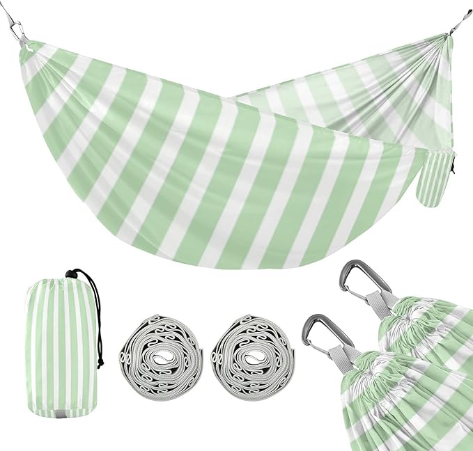 Green and White Stripes 330lb Capacity Hammocks for Camping with Tree Straps Backyard Hammock for Patio Backyard Lounge Base hamaca para adultos