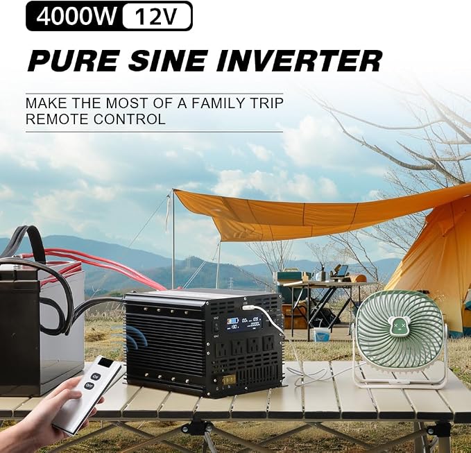 4000 Watt Pure Sine Wave Power Inverter, 12V DC to 110V/120V AC Converter 8000W Peak, with Remote Control LCD, 4 AC Outlets & USB Port & Hardwire Terminal, for Car Truck RV Camping Solar System EPS