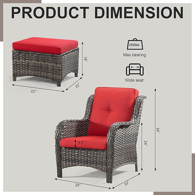 Wicker Chair Set 6 Pieces - Outdoor Wicker Patio Furniture Set with 4 Armchairs and 2 Ottomans, Olefin Cushions Included(Mixed Grey/Red)