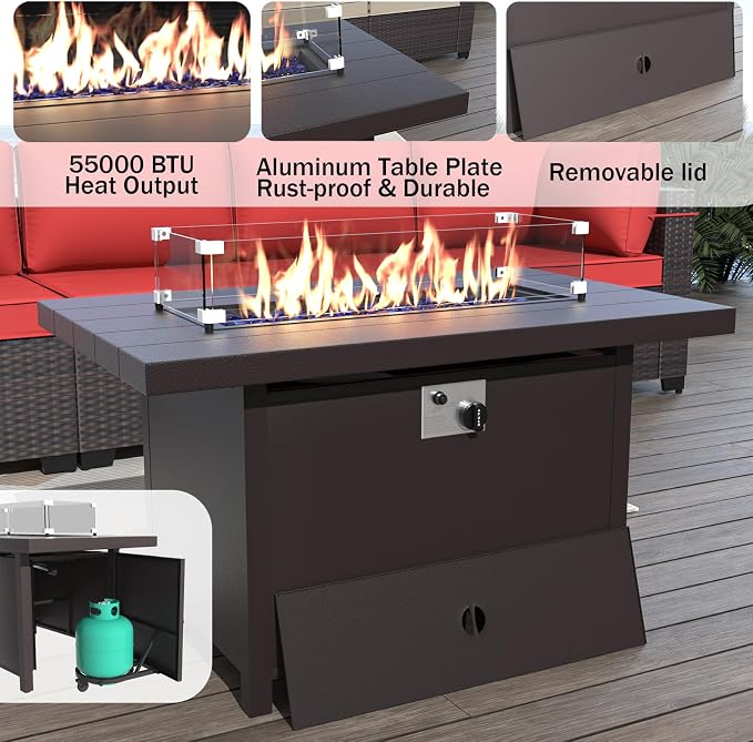 ALAULM 8 Pieces Patio Furniture Set with Aluminum Fire Pit Table Outdoor Furniture Sets 55000BTU Gas Fire Pit Brown PE Rattan Wicker Patio Conversation Sets w/6 Cushions-Red