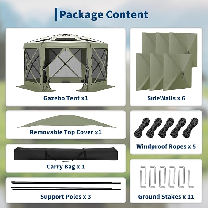 GarveeLife 13x13FT 6-Sided Pop Up Gazebo Tent，One-Push Setup Canopy Tent with Removable Canopy Top & Wind Cloths, Outdoor shelter for Camping, Backyard Parties, Outdoor Events - Army Green