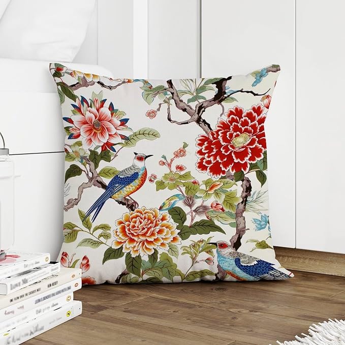 Chinoiserie Tree Peony Bird Cushion Cases Floral Coral Turquoise Pillowcase 26x26 INModern Accent Modern Decorative Pillow Covers for Patio Couch Bench