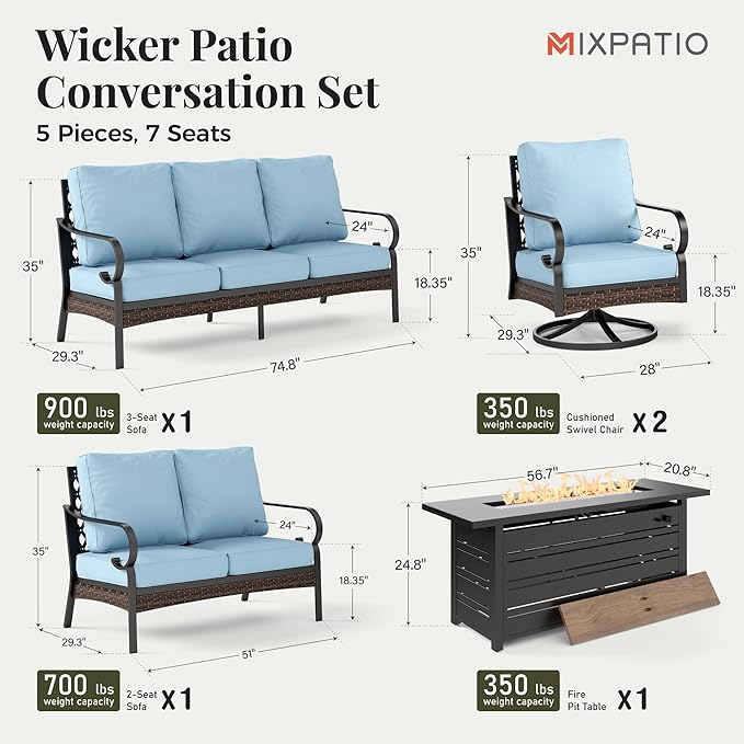 Patio Furniture Set with Fire Pit Table, Metal Outdoor Conversation Set with 5.75'' Extra Thick Cushion, 2 Swivel Chairs, Loveseat Sofa, 3-Seat Sofa and Gas Fire Pit Table, Blue