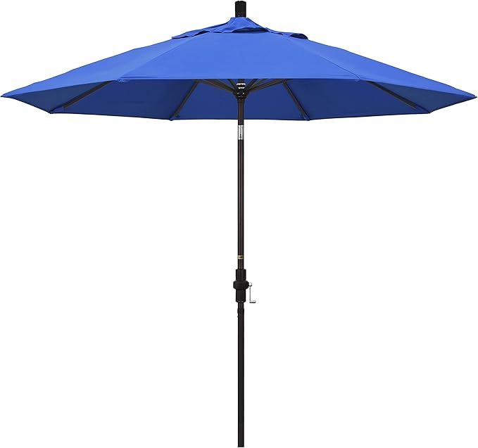 California Umbrella 9' Round Aluminum Market Umbrella, Crank Lift, Collar Tilt, Bronze Pole, Royal Blue Olefin
