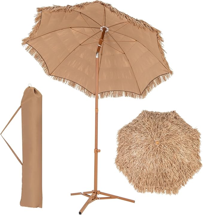 HAPPYGRILL 6.5 FT Hula Thatched Tiki Beach Umbrella, 30° Tilting Hawaiian Style Tropical Holiday Umbrella with 8 Metal Ribs, Carry Bag & Foldable Base for Patio, Garden & Pool