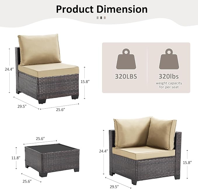 ANJ 5 Piece Outdoor Wicker Patio Furniture Set, Modular Loveseat Sofa with with Glass Top Coffee Table, All-Weather Rattan Conversation Couch Set for Balcony, Backyard, Dark Brown Wicker-Camel