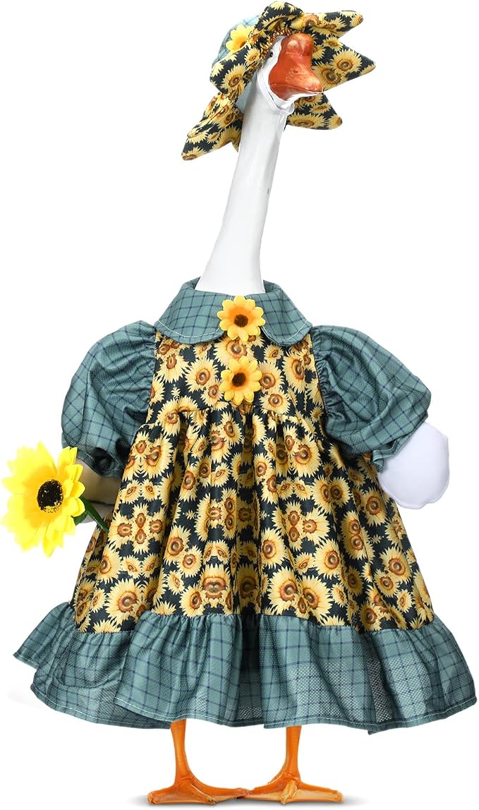 Soulchen 1 Set Sunflower Porch Goose Outfit 23 Inch Summer Sunflower Cement Goose Clothes Dress and Hat Costume Set for Back to School Summer Lawn Garden Yard Decor