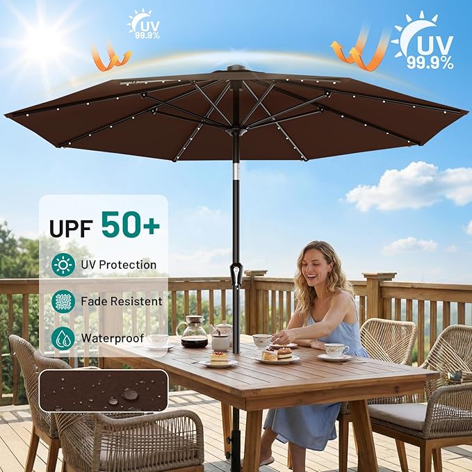 AreShark 9FT Patio Umbrella with Solar Lights, 32 Lighted Pool Umbrella w/Tilt and Crank, Outdoor Market Solar Umbrellas for Garden, Deck, Backyard, Pool and Beach, Brown