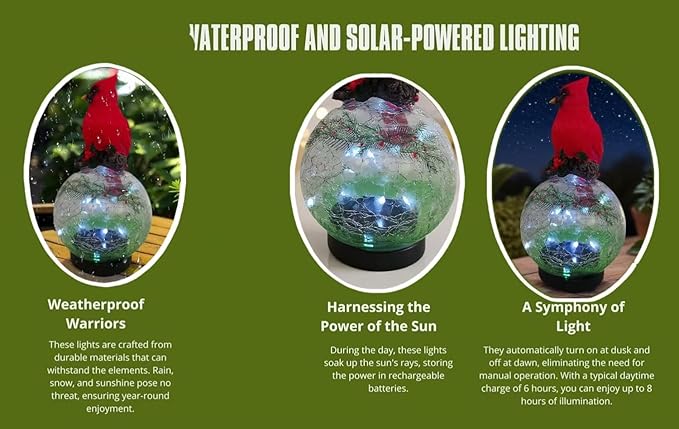 Red Bird Statue - Solar Powered Outdoor Red Bird Decor with LED Lights - Red and Green - Water Resistant - Gargen,Balcony and Courtyard Decoration Festival Gift - 8.66" H x 4.72" W x 4.72" D