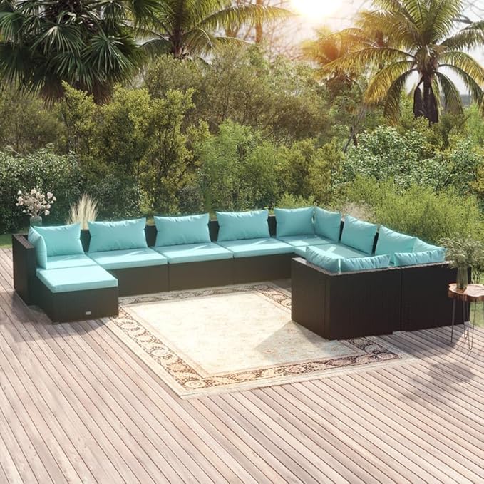 10 Piece Patio Lounge Set with Cushion, Patio Lounge Set Furniture Conversation Sets Piece Patio Set Outdoor Patio Sectional s Poly Rattan Black