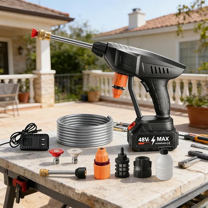 The Cordless Spray Washer, Portable Battery Power Washer for Removing Stubborn Stains with Foam Bottle & Adjustable Nozzle, Power Cleaner for Patio & Car