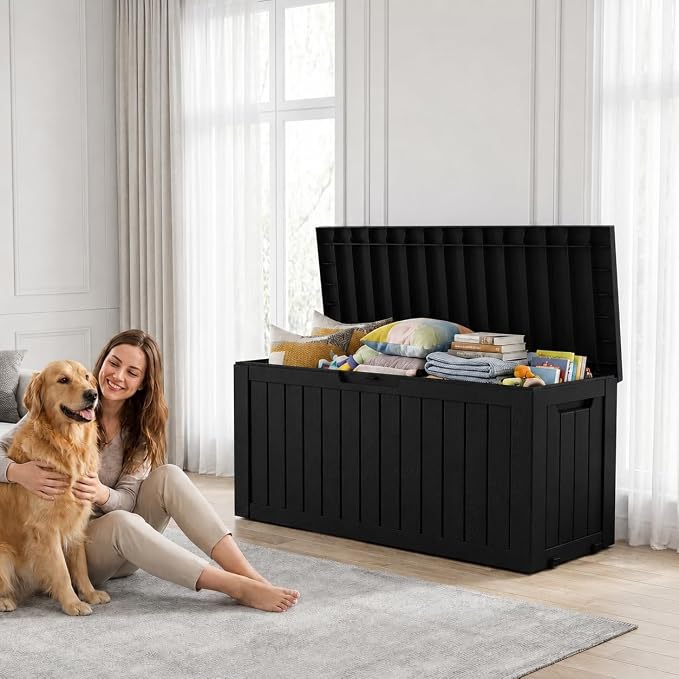 LAUSAINT HOME 260 Gallon Resin Deck Box, Outdoor Toy Storage Box, Package Delivery Box with Lockable Lid, Waterproof Outdoor Storage Box For Garden Tools, Patio Cushions(260 Gallon,Black)