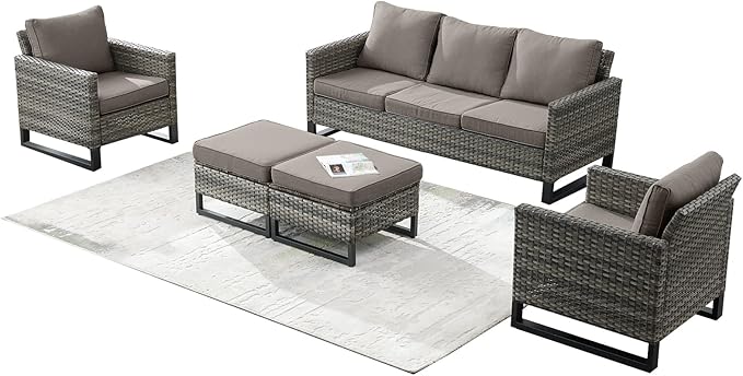 Rilyson Wicker Outdoor Patio Furniture Set - 5 Piece Patio Conversation Set with 2 Wicker Armrest Chairs,2 Rattan Ottoman and 1 Couch for Outside Porch Deck Backyard Garden(Mixed Grey/Grey)
