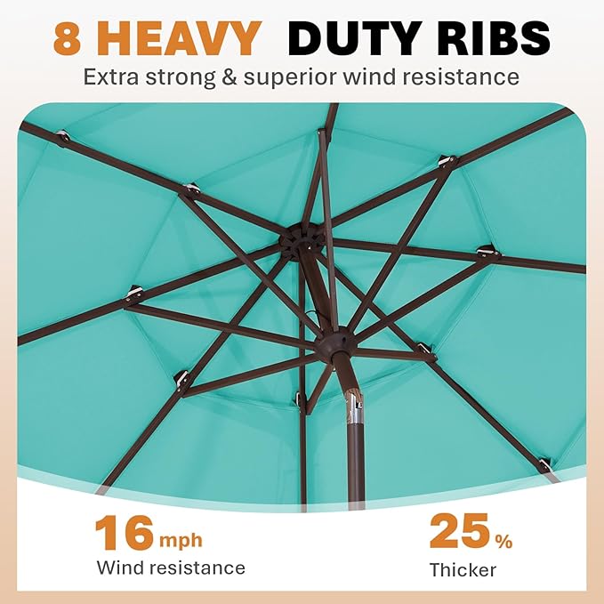 JEAREY 9FT 3 Tier Patio Umbrella Outdoor Market Umbrella Table Umbrellas with 8 Ribs 1.5 Pole Push Button Tilt and Crank UV Protection for Garden,Peacock Blue