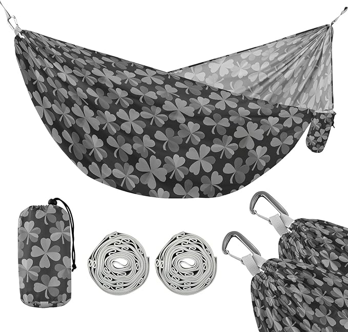 Camping Hammock Outdoor Hammocks for Outside Clover Gray Beach Trees Portable Lightweight with Pockets Tree Straps Indoor