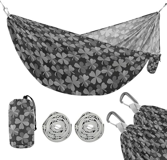 Camping Hammock Outdoor Hammocks for Outside Clover Gray Beach Trees Portable Lightweight with Pockets Tree Straps Indoor
