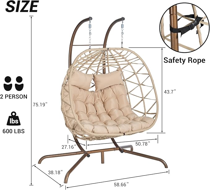 Double Egg Chair with Stand Outdoor Hanging Egg Swing Chair,Wicker Rattan Egg Chair Indoor Loveseat Chair with Cushion 500 lbs Capacity for Bedroom Balcony Patio (Cream+Beige)