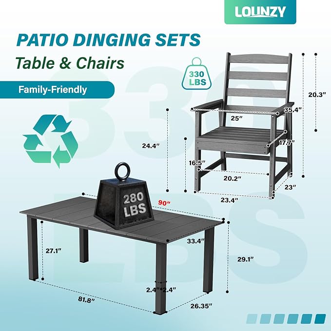 LOUNZY 9 Pieces Patio Dining Sets, 90'' Table Outdoor HDPE Furniture Set w/ 2" Hole Cut-Out Dining Table with 8 Patio Chairs for Lawn, Pool and Yard, Gray