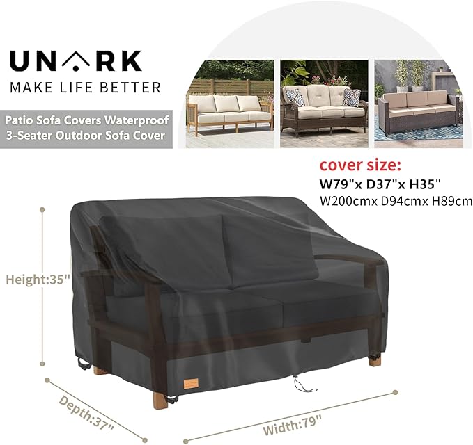 Patio 3-Seater Sofa Cover, 3 Seater Outdoor Couch Cover Waterproof Couch Covers Fits up to 79W x 37D x 35H Inches, Waterproof Heavy Duty Patio Furniture Covers, Black