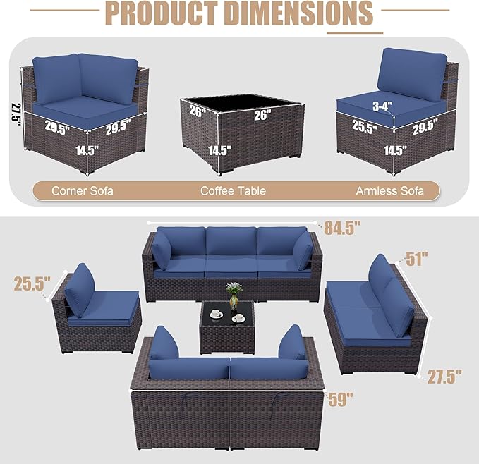 ALAULM 9 Pieces Patio Furniture Set Wicker Patio Conversation Set with 4 Corner Sofas, Outdoor Sectional Furniture w/Coffee Table & Washable Seat Cushions-Dark Blue