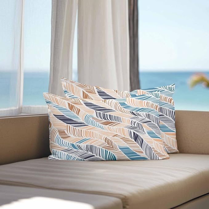Vandarllin Outdoor Throw Pillows Covers 20x12 inch Set of 2 Waterproof Summer Beach Decorative Zippered Cushion Covers for Patio Furniture, Yellow Blue Ombre Abstract Leaf Lines Lumbar Pillowcases