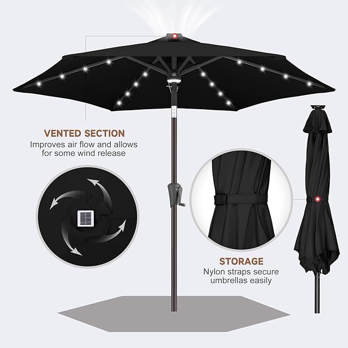 Jarka&Co 7.5ft Solar Patio Umbrella - Lighted Solar Outdoor Umbrella with 24 LED Lights Waterprool UV Protection, Market Table Umbrella with Tilt for Backyard, Garden, Pool, Porch (Black)