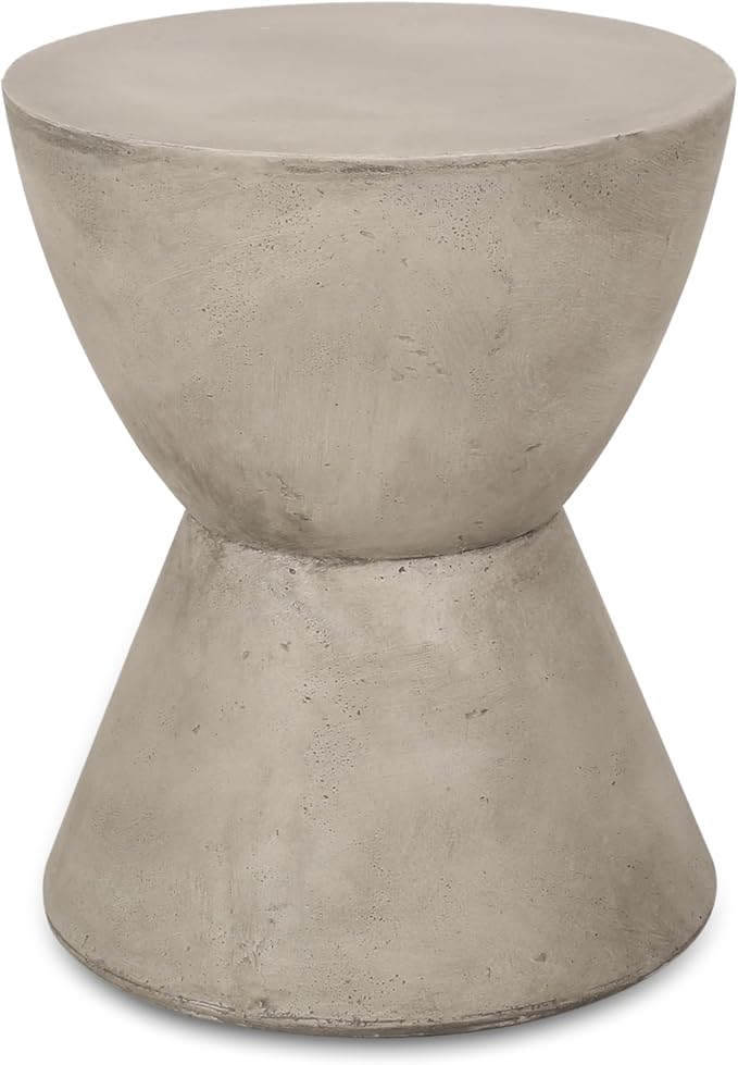 Outdoor Side Table Hourglass Concrete Side Tables Travertine End Table Faux Stone Small Coffee Tables for Patio, Garden Stool Plant Stand for Porch, Backyard, 15.25"*18", Waist Drum-Cement
