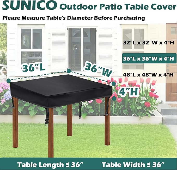SUNICO Square Patio Table Cover (36" L x 36" W x 6" H), Square Otudoor Table Cover for Patio Table & Dining Table & Picnic Table.Waterproof, Windproof, Stain-Resistant, Durable Table Cover