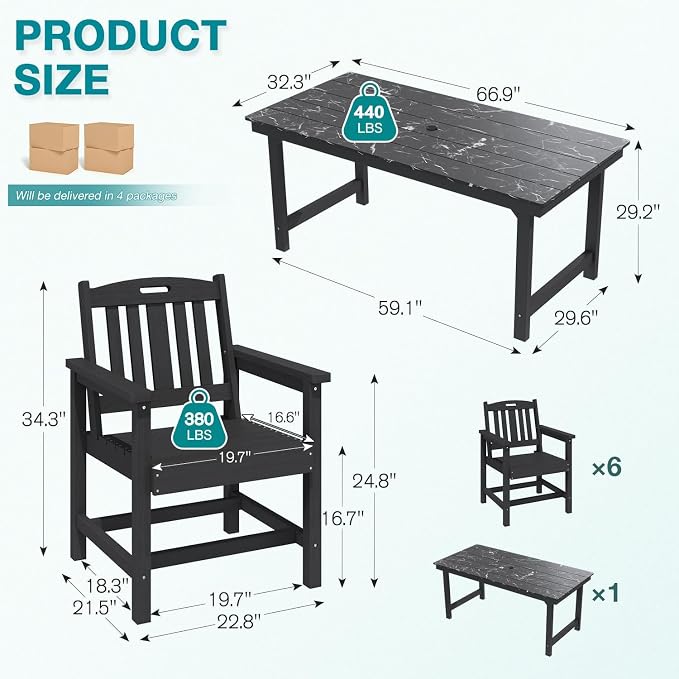 Mdeam 7-Piece HIPS Outdoor Dining Set, 66.9" Marble Texture Patio Table with Umbrella Hole, 440LBS Capacity, 6 Wider Chairs,Dining Table Set for 6, Outdoor Furniture with Galvanized Steel Frame, Black