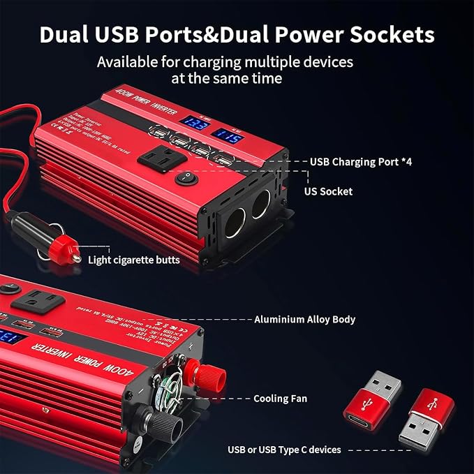 400W Power Inverters for Vehicles, Car Power Inverters DC 12V to 110V AC Car Plug Adapter Outlet with 2 Type-C (Equip with 2 USB), Fast Charger for Phone, Laptop (Red, 400W)