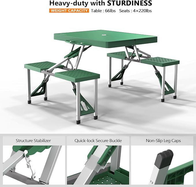 VINGLI 4 Ft Portable Folding Picnic Table Camping Table Foldable Set with 4 Seats with Umbrella Hole Suitcase Card Table-220 Lbs Support Aluminum Frame, Plastic RV Tabletop for Yard, Travel