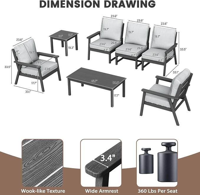 LOUNZY HDPE Patio Conversation Set, 3 pcs Sectional Outdoor Furniture Set, All Weather Outdoor Couch Set Patio Furniture Set for Deck, Lawn, Grey