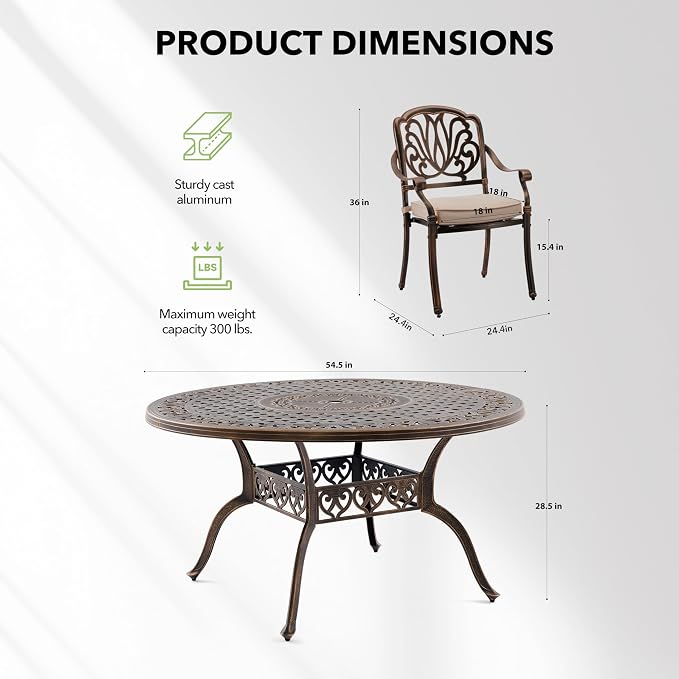 5-Piece Cast Aluminum Outdoor Table and Chairs, Classic Vintage Patio Dining Set for 4 Include 54.5" Round Dining Table and 4 Chairs with Removable Cushion and Umbrella Hole