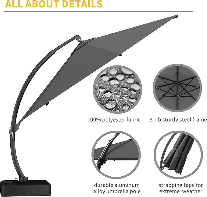 Kingdura 12ft Offset Cantilever Patio Umbrella with Base Included, Large Round Aluminum Outdoor Umbrella, 360° Rotation & Infinite Tilt, Heavy Duty Frame for Deck Pool Backyard, Grey