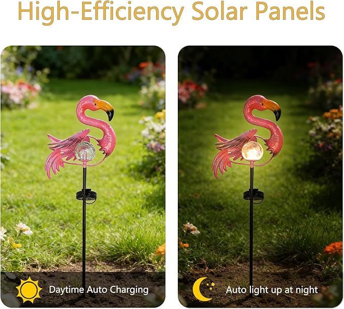 Pink Flamingo Lawn Light Garden Decor Solar Lights, for Yard Outdoor Decorations Ground Inserted Outdoor Waterproof Garden Lamp with Crackle Glass Ball LED (Warm White)