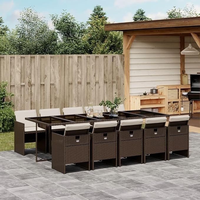 11-Piece Outdoor Dining Set, Patio Furniture Table and 10 Chairs, Space-Saving Cube Garden Rattan Seating with Cushions, Brown